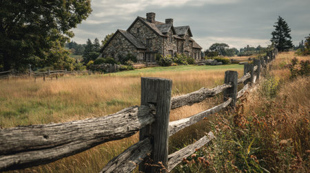 This image features a charming stone house set against a backdrop of golden fields and a rustic wooden fence, evoking tranquility in nature.の素材