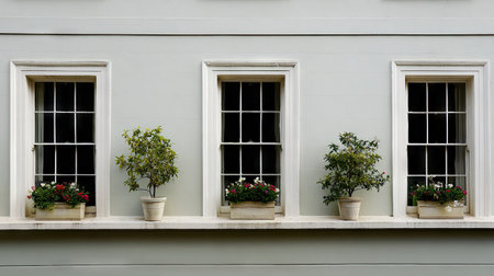 This serene image features charming windows adorned with vibrant flower pots, set against a softly colored wall, enhancing the tranquil home aesthetic.の素材