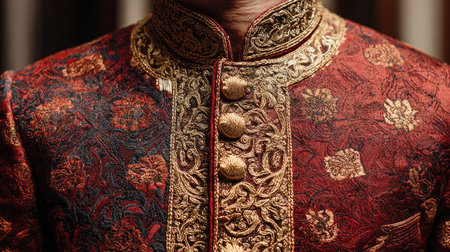 This captivating image features a close-up view of a beautifully embroidered traditional outfit, showcasing intricate patterns in red and gold, perfect for cultural celebrations.の素材