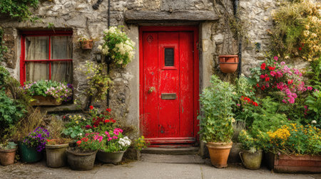 A beautiful red door serves as a focal point, surrounded by an array of colorful flowers and lush greenery against a rustic stone wall backdrop.の素材