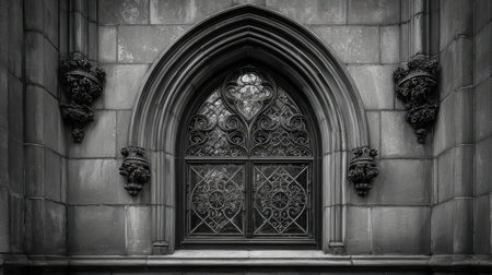 This striking black and white image showcases a Gothic window featuring intricate ironwork and detailed stone carvings, highlighting architectural beauty.の素材