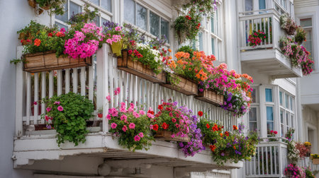 A picturesque scene featuring balconies adorned with vibrant flower boxes bursting with colorful blooms, showcasing the beauty of urban gardening and outdoor design.の素材
