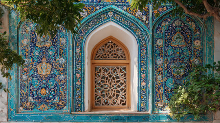 Explore the vibrant colors and intricate patterns of this traditional wall featuring ornate tile work and a beautifully designed window. Perfect for cultural themes.の素材