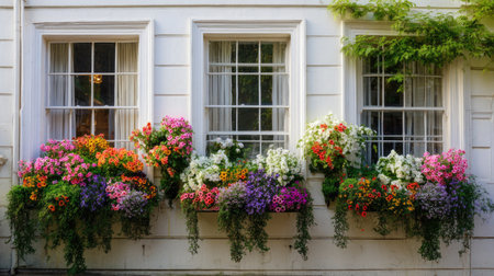 A picturesque scene featuring vibrant flower boxes filled with colorful blooms adorning a white wall, showcasing the beauty of nature and urban gardening.の素材