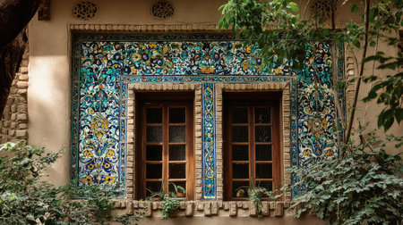 This image showcases a stunning wall adorned with colorful tiles featuring intricate floral patterns. The wooden window frames enhance the artistic beauty.の素材