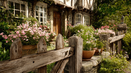 An enchanting view of a rustic garden filled with vibrant flowers and a charming cottage. The wooden fence enhances the peaceful atmosphere, inviting tranquility.の素材