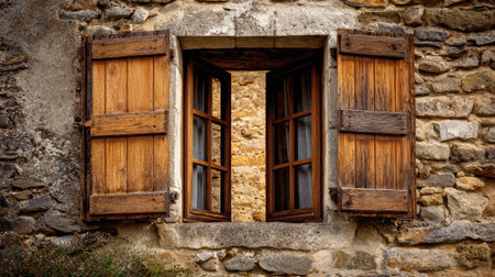 A charming rustic window with open wooden shutters set in a weathered stone wall, inviting natural light and a cozy atmosphere into the interior.の素材