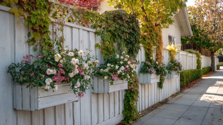 A picturesque scene featuring a white wooden fence lined with vibrant flower boxes bursting with colors, creating a warm and inviting outdoor atmosphere.の素材