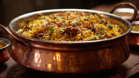 This stunning biryani showcases vibrant rice mixed with aromatic spices, beautifully presented in a shiny copper pot, perfect for sharing at meals.の素材