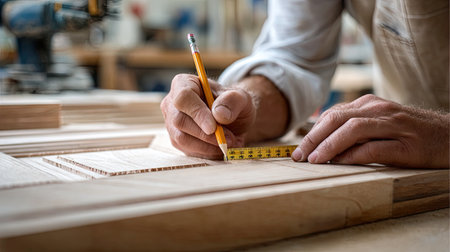 A skilled craftsman uses a pencil to mark precise measurements on wood in a workshop. Emphasizing detail and craftsmanship, this image captures the essence of carpentry.の素材