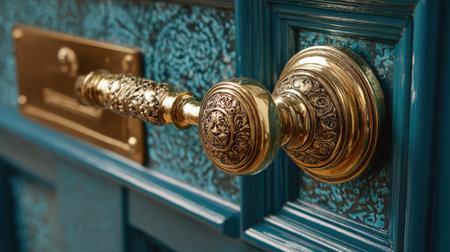 A stunning close-up of an ornate brass door handle on a vintage blue wall, showcasing intricate textures and elegant design, perfect for interior decor inspiration.の素材