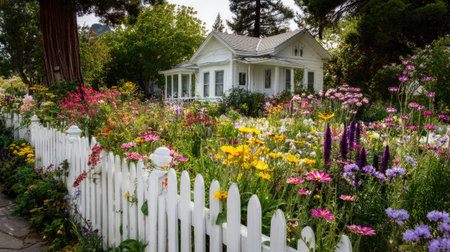 A charming white house nestled among a vibrant garden filled with colorful wildflowers and a classic picket fence, creating a serene rural atmosphere.の素材