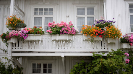 A beautiful white balcony showcases an array of colorful flowers, creating a vibrant and inviting atmosphere. The lush greenery complements the cheerful blooms, offering a stunning visual appeal perfect for any serene outdoor scene.の素材
