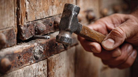 A close-up shot captures a hand holding a hammer striking a nail into a vintage wooden door, showcasing the rustic texture and weathered hardware.の素材