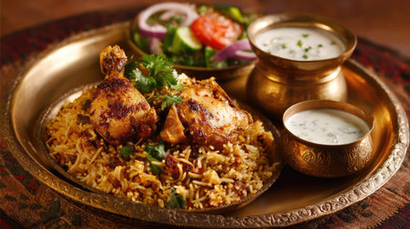Experience the rich flavors of traditional Indian cuisine with this stunning chicken biryani served alongside a fresh salad and raita on an ornate plate.の素材