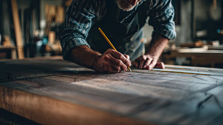 A skilled craftsman diligently draws an intricate design on a large wooden surface in a well-lit workshop, showcasing his expertise and creativity.の素材