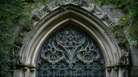 Explore the beauty of an intricate gothic archway adorned with lush greenery. The detailed stonework showcases historical artistry that invites admiration.の素材