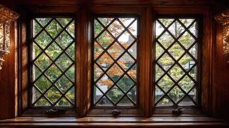 This image features a rustic wooden window with elegant diamond panes, showcasing a vibrant autumn landscape filled with colorful trees and leaves.の素材