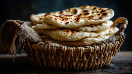 A rustic basket filled with soft and fluffy bread sits against a dark background, showcasing the inviting texture and warmth ideal for any meal.の素材