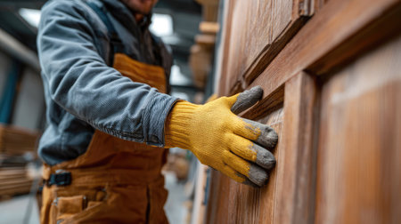 A skilled carpenter focuses on applying final touches to a wooden door inside a busy workshop, showcasing dedication to quality craftsmanship.の素材