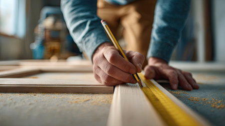 A skilled carpenter meticulously measures wooden planks in a well-lit workshop. The image captures the focus and precision involved in woodworking, showcasing craftsmanship and attention to detail in every project.の素材