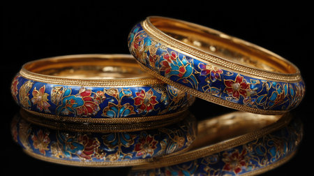 This image features a stunning pair of colorful embellished bangles with intricate floral designs, set against a reflective background, highlighting their beauty.の素材