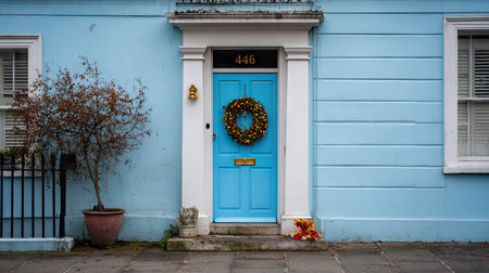This image showcases a charming blue door adorned with a festive wreath, complemented by a potted plant. The serene urban setting highlights cozy residential architecture, capturing the inviting essence of home during the holiday season.の素材