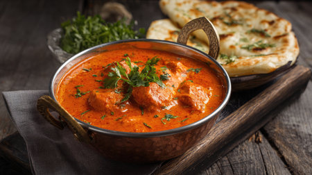 Experience the vibrant flavors of authentic Indian cuisine with this creamy butter chicken served alongside warm naan bread and fresh herbs.の素材