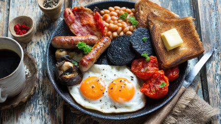 A vibrant and appetizing traditional breakfast plate showcasing eggs, bacon, sausages, beans, and toast on a rustic wooden table, perfect for food lovers.の素材
