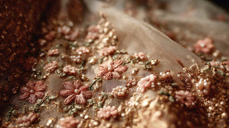 This image showcases a stunning close-up of intricate floral embroidery adorned with delicate beads, capturing the elegance of textile artistry.の素材