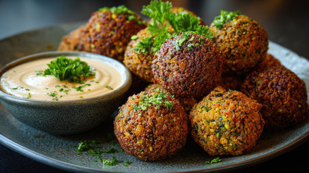 Enjoy a tempting plate of crispy falafel balls made with fresh herbs and spices, paired with creamy tahini sauce, perfect for appetizers or snacks.の素材