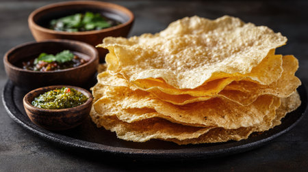 Indulge in the crispy delight of Indian papad served with vibrant chutneys, perfect for elevating any culinary experience or food presentation.の素材