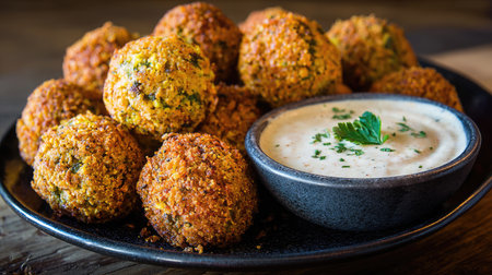 A vibrant plate featuring golden crispy balls served alongside a creamy dipping sauce, perfect for sharing at gatherings or enjoying as a snack.の素材
