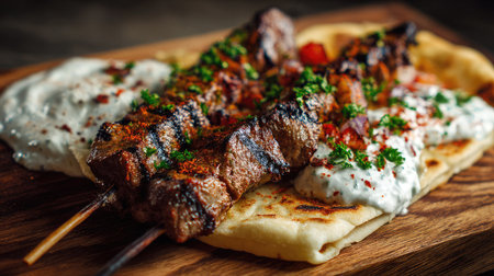 This mouthwatering image showcases grilled skewers of marinated meat served on a rustic wooden platter with flatbread, fresh vegetables, and a rich creamy sauce.の素材
