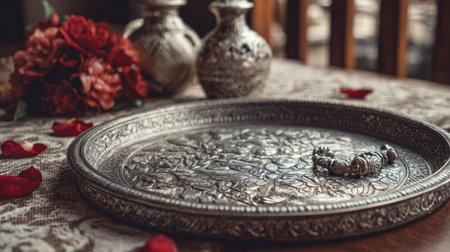A beautifully detailed silver tray featuring intricate floral designs sits elegantly on a wooden table. Surrounding it are decorative vases and vibrant rose petals, creating a charming and romantic atmosphere perfect for any intimate setting.の素材