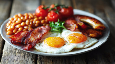 A vibrant breakfast plate showcases fried eggs, crispy bacon, juicy tomatoes, baked beans, and fried bananas on a rustic wooden table, inviting indulgence.の素材