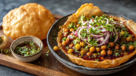 This vibrant image captures a delicious dish of Indian chaat featuring crisp bread, chickpeas, and fresh herbs, evoking the joy of street food.の素材