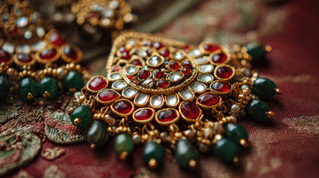 This stunning piece of jewelry showcases intricate design with vibrant gemstones, reflecting rich cultural heritage and traditional craftsmanship. Perfect for special occasions.の素材