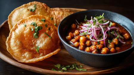 This vibrant dish features crispy Indian fried bread alongside a flavorful chickpea curry, garnished with fresh onions and cilantro, perfect for any meal.の素材