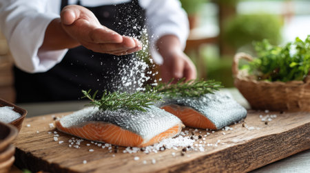 A chef skillfully prepares fresh salmon, sprinkling sea salt and aromatic herbs on a rustic wooden board, highlighting culinary artistry and freshness.の素材