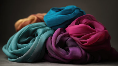 A stunning assortment of colorful lightweight scarves elegantly arranged. Each scarf showcases vibrant colors and soft textures, perfect for fashion enthusiasts.の素材