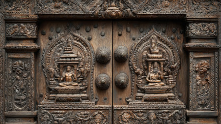This captivating image showcases a detailed wooden door featuring intricate carvings of Buddhist deities, highlighting the artistry and craftsmanship involved.の素材
