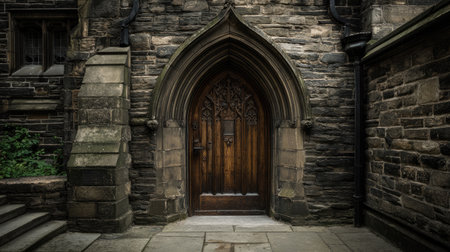 This image features a rustic gothic door set in an old stone wall, highlighting intricate architectural details and an inviting entranceway.の素材