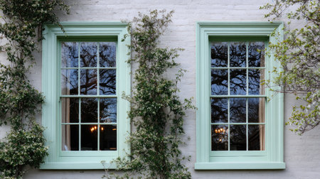 Charming architectural view featuring elegant green windows surrounded by lush greenery, capturing a serene and inviting atmosphere in a tranquil setting.の素材