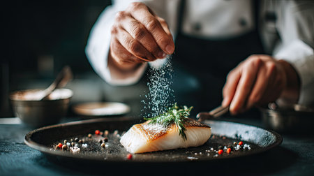 A chef expertly sprinkles salt onto a freshly cooked fish fillet garnished with herbs, showcasing the art of culinary preparation in a professional kitchen.の素材
