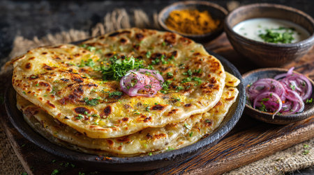 This image showcases freshly cooked flatbread, beautifully garnished with herbs and served with onion and condiments on a rustic wooden platter.の素材