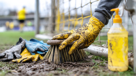 A dedicated worker uses a brush to clear mud and dirt from the goal area on a soccer field. Bright yellow gloves and tools highlight the outdoor cleaning effort.の素材
