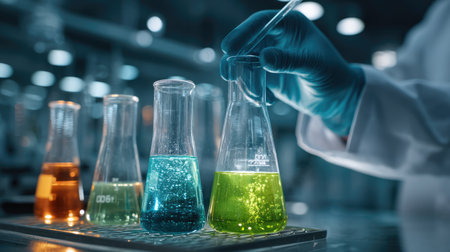 A scientist in a laboratory carefully conducts an experiment using colorful chemicals in glass flasks. This image showcases the essence of innovation and research in the field of science.の素材