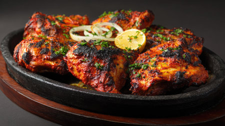 This mouthwatering image features juicy, spicy grilled chicken served on a sizzling plate, garnished with fresh herbs and a slice of lemon for a vibrant touch.の素材