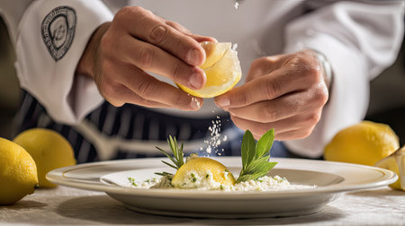 A chef skillfully squeezes fresh lemon over a beautifully plated dish adorned with herbs, highlighting culinary artistry in an inviting kitchen atmosphere.の素材